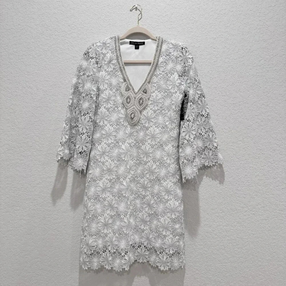 Boston Proper Embellished Metallic Floral Lace Tunic Dress White/Silver Size XS - Picture 5 of 16